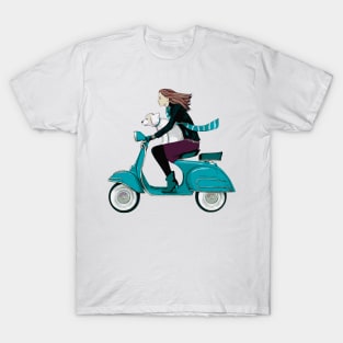 Fun Girl and Dog on Blue Scooter T-Shirt